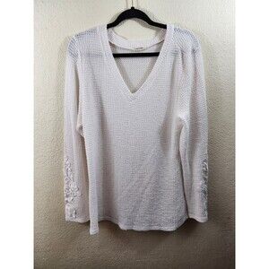 Andthewhy Womens L White Embroidered Long Sleeve V-Neck Knit Sweater